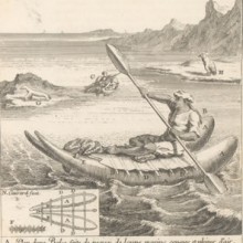 Ilustración de chango en su balsa de cuero de lobo marino